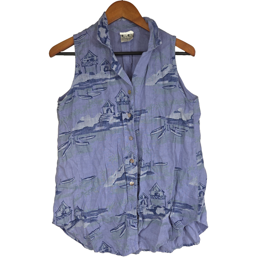 Vintage CC Collection Shirt Womens Small Blue Linen Beach Collared Coastal Warm